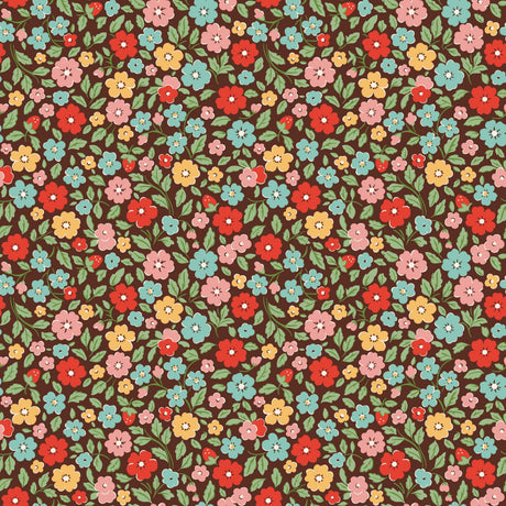 The image is a seamless pattern of various colorful flowers and leaves, including red, pink, yellow, blue, and green flowers, all set against a dark brown background.