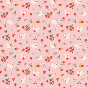a repeating pattern of white birds, flowers, and leaves on a pink background.