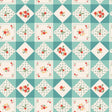The image is a repeating pattern of diamond-shaped squares, each containing a floral design in shades of red, white, and green. The pattern is arranged in a grid-like fashion, creating a visually appealing and symmetrical design.