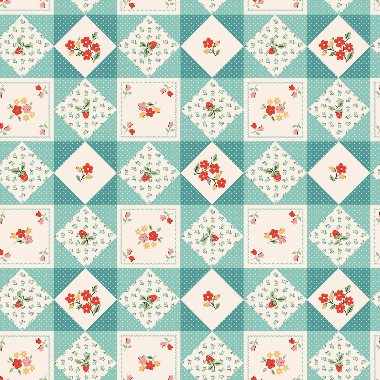 The image is a repeating pattern of diamond-shaped squares, each containing a floral design in shades of red, white, and green. The pattern is arranged in a grid-like fashion, creating a visually appealing and symmetrical design.