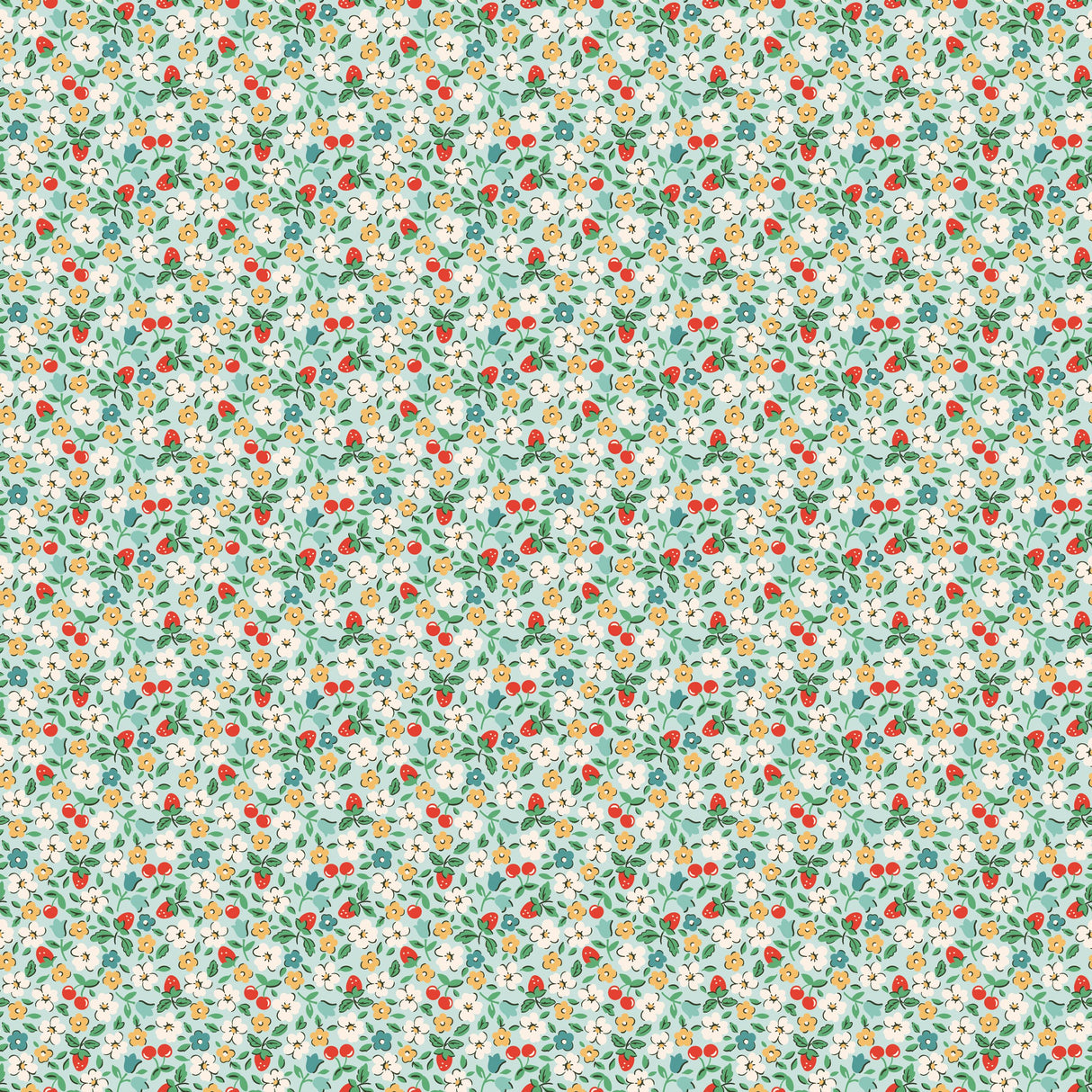 Farmhouse Fancy Fruit Salad Teal FH25966 by Elea Lutz for Poppie Cotton Sold in 1/2 yard increments cut continuously