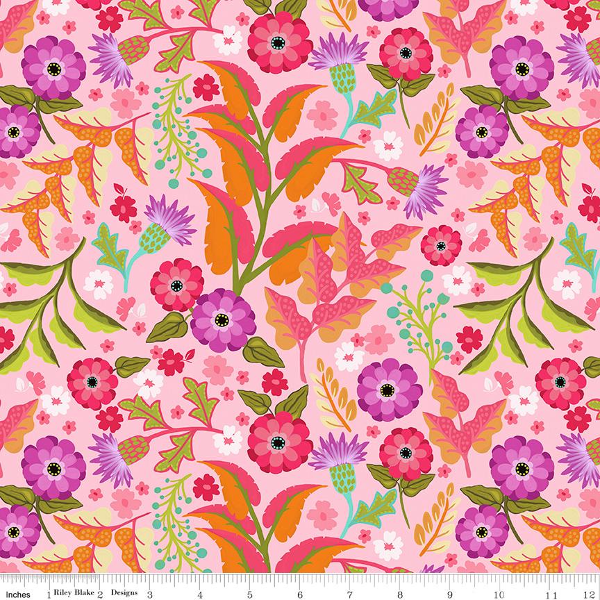 The image is a vibrant and colorful pattern featuring various flowers and leaves in shades of pink, purple, and green. The pattern is composed of multiple smaller images of flowers and leaves, creating a visually appealing and intricate design.