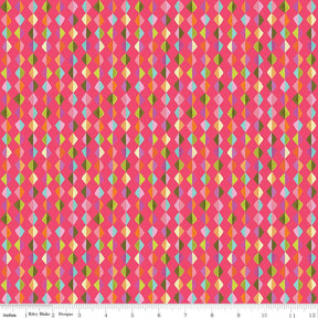 a vibrant, colorful pattern of geometric shapes, including triangles and diamonds, arranged in a repeating diagonal grid. The pattern is predominantly pink, green, and orange, creating a visually striking and dynamic design.