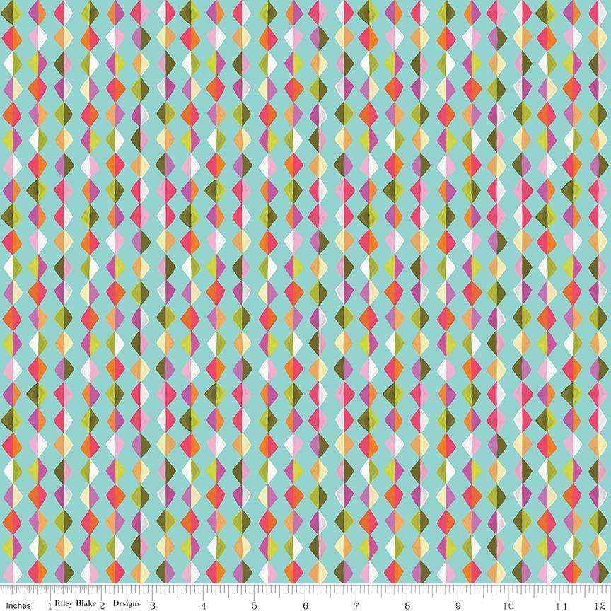 a repeating pattern of colorful diamond shapes in various shades of green, pink, orange, and yellow against a light blue background.