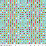 a repeating pattern of colorful diamond shapes in various shades of green, pink, orange, and yellow against a light blue background.