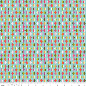a repeating pattern of colorful diamond shapes in various shades of green, pink, orange, and yellow against a light blue background.