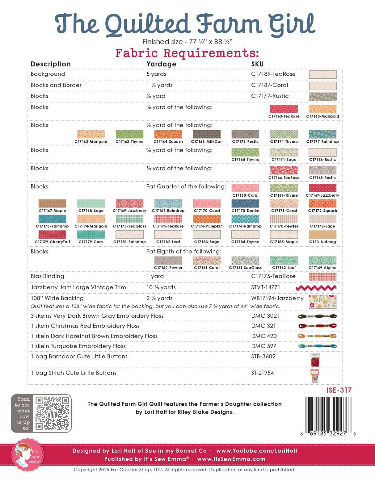 The Quilted Farm Girl Quilt Kit Farmer's Daughter by Lori Holt of Bee in My Bonnet Quilt Size 77" x 88" In Stock and Shipping now