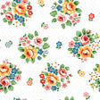 a repeating pattern of colorful floral arrangements against a white background.