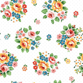 a repeating pattern of colorful floral arrangements against a white background.