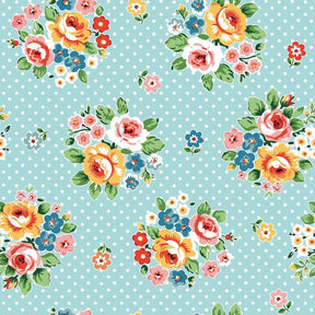 a repeating pattern of colorful floral arrangements against a light blue background with white polka dots.