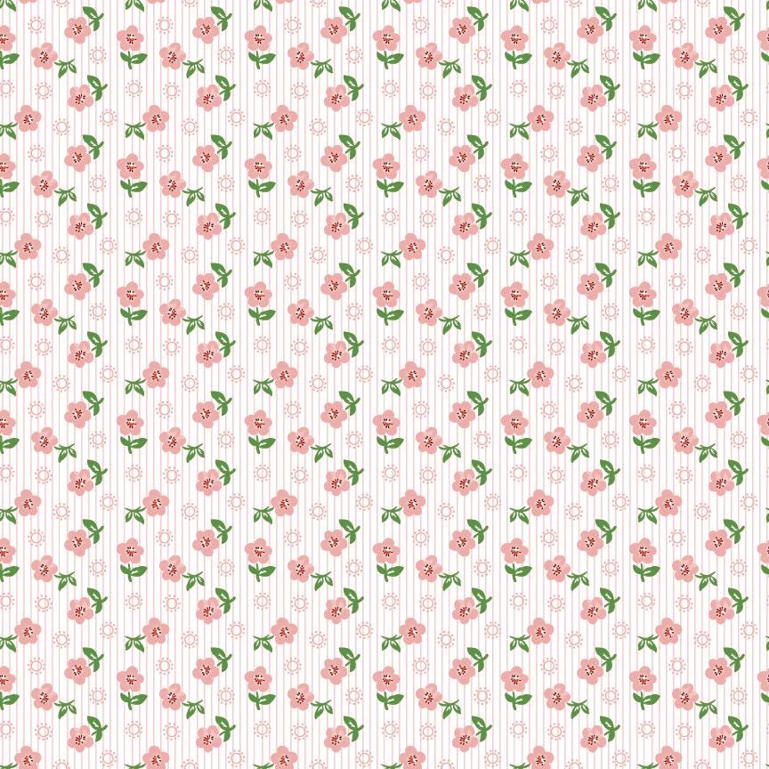a repeating pattern of pink flowers with green leaves on a white background.