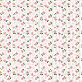 a repeating pattern of pink flowers with green leaves on a white background.