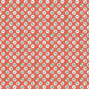The image is a repeating pattern of red circles with white flowers and leaves on a red background.