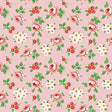 The image is a repeating pattern of pink flowers with white and red accents, arranged in a grid-like fashion against a pink background.