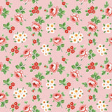 The image is a repeating pattern of pink flowers with white and red accents, arranged in a grid-like fashion against a pink background.