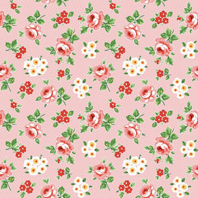 The image is a repeating pattern of pink flowers with white and red accents, arranged in a grid-like fashion against a pink background.