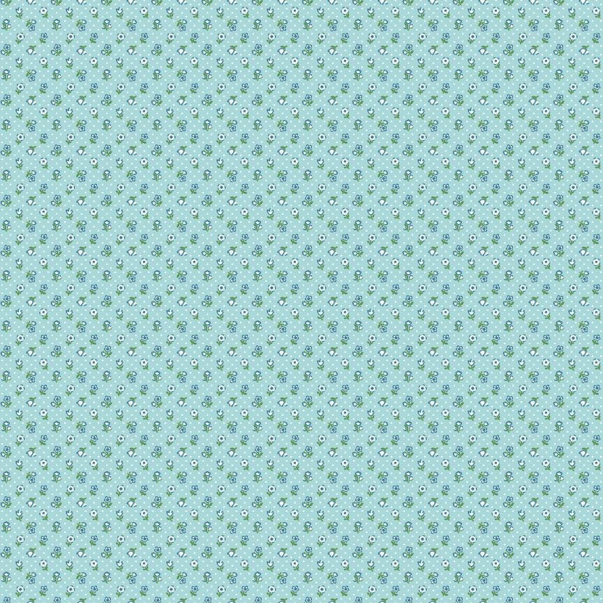 The image is a repeating pattern of small white and green flowers or leaves on a light blue background.