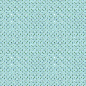 The image is a repeating pattern of small white and green flowers or leaves on a light blue background.