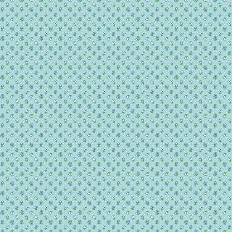 The image is a repeating pattern of small white and green flowers or leaves on a light blue background.