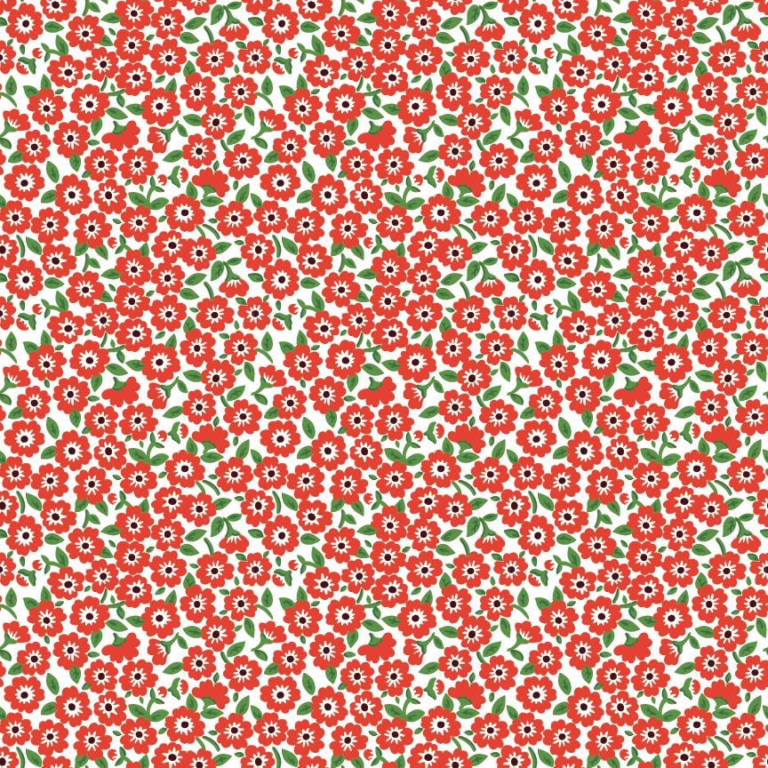 The image is a repeating pattern of red flowers with green leaves against a white background.