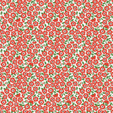 The image is a repeating pattern of red flowers with green leaves against a white background.