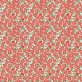 The image is a repeating pattern of red flowers with green leaves against a white background.