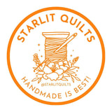 a logo for a company called "Starlit Quilts" that specializes in handmade quilts. The logo includes a spool of thread, a needle, and some flowers, all set within an orange circle. The text "STARLIT QUILTS HANDMADE IS BEST!" is displayed around the circle, emphasizing the company's focus on handmade quilts.