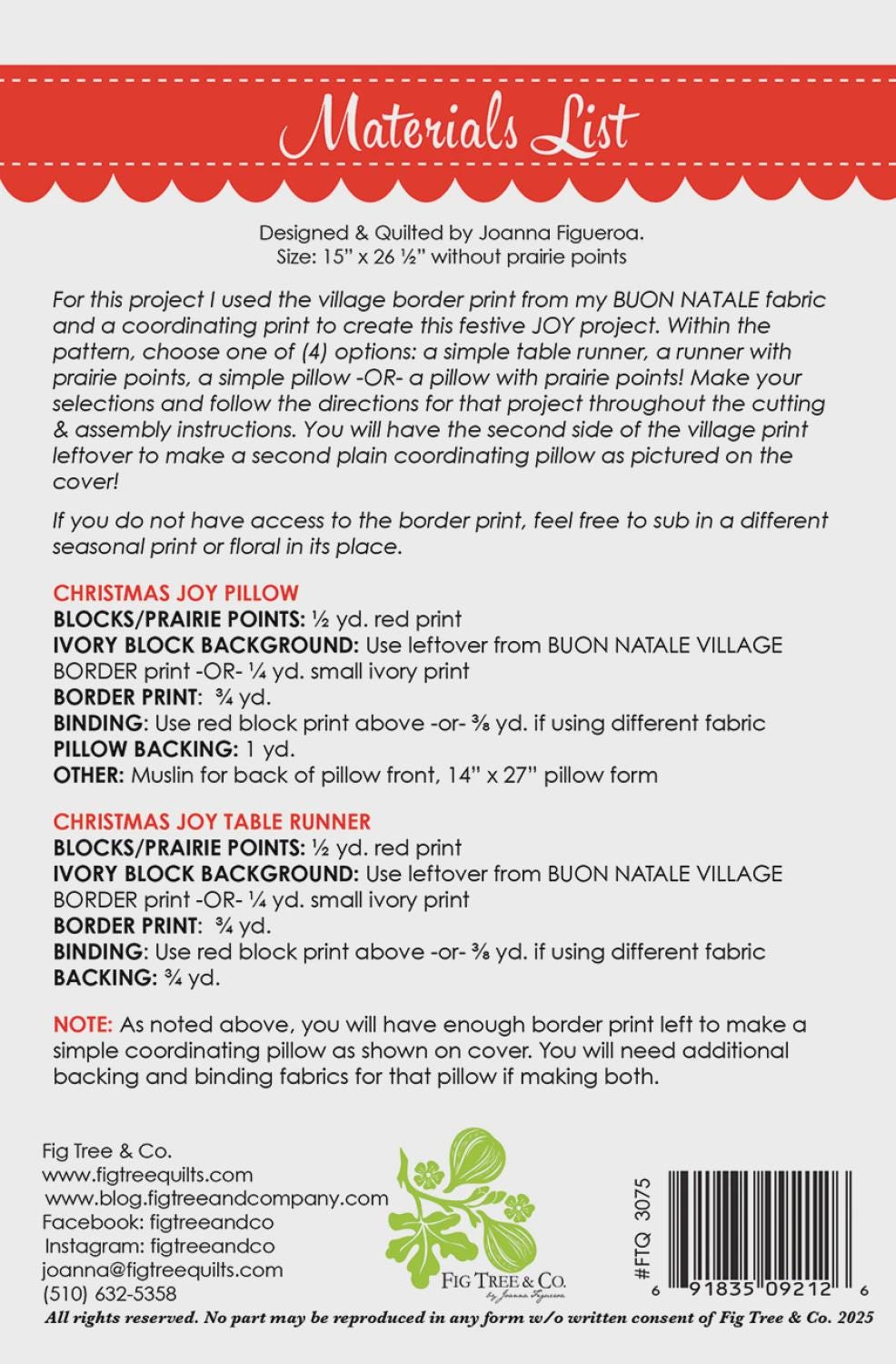 Christmas Joy Pillows Printed Pattern by Fig Tree Quilts FTQ3075 By Joanna Figueroa