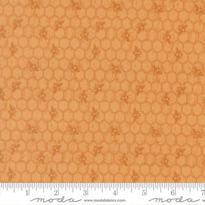 a repeating pattern of honeycomb-like shapes in shades of orange and brown, with small bee-like figures scattered throughout the pattern.