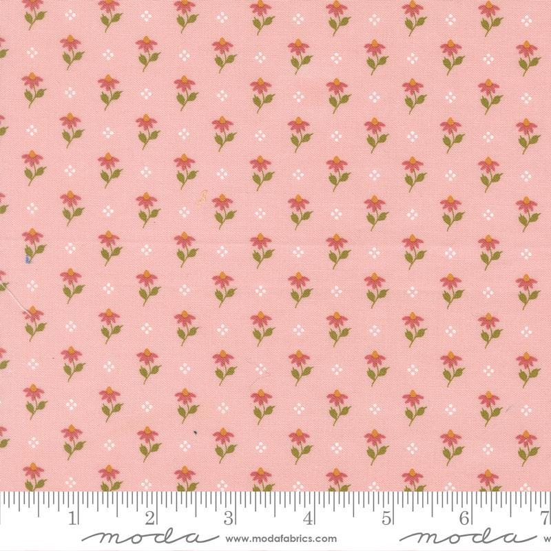 a repeating pattern of pink flowers with green leaves on a light pink background.