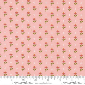 a repeating pattern of pink flowers with green leaves on a light pink background.