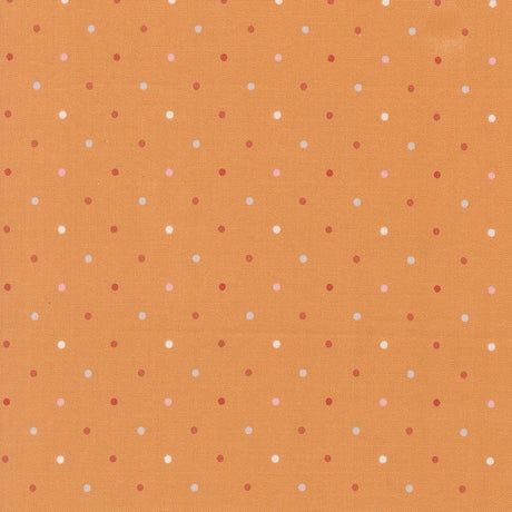 a repeating pattern of small white and red dots on a light orange background.