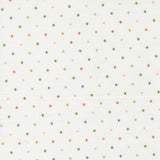 a white background with a pattern of multicolored polka dots.
