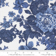 The image is a close-up of a fabric with a blue floral pattern. The fabric appears to be a white material with blue flowers and leaves printed on it. The image is not a collage of multiple images, and it does not contain any text. The main focus is on the blue floral pattern on the fabric.