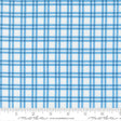 a fabric with a blue and white checkered pattern. The fabric appears to be a type of plaid or gingham, with a grid-like design. The fabric is displayed on a ruler for scale, indicating its size.