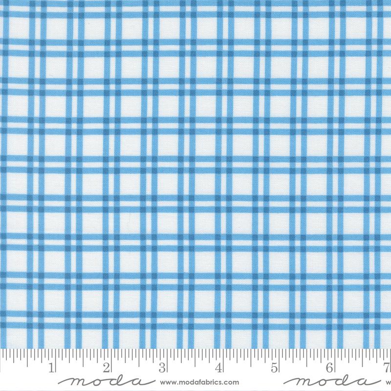 a fabric with a blue and white checkered pattern. The fabric appears to be a type of plaid or gingham, with a grid-like design. The fabric is displayed on a ruler for scale, indicating its size.