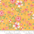 The image is a vibrant and colorful fabric with a repeating pattern of flowers in shades of pink, white, and green against a yellow background.