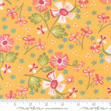The image is a vibrant and colorful fabric with a repeating pattern of flowers in shades of pink, white, and green against a yellow background.