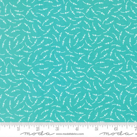 a fabric with a teal blue color and a repeating pattern of white dots or lines, creating a visually interesting and textured design.