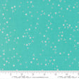 The image is a fabric with a teal green background and small white flowers scattered across it.
