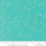 The image is a fabric with a teal green background and small white flowers scattered across it.