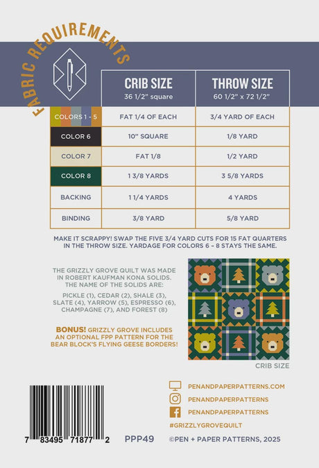 Grizzly Grove Quilt Pattern - PPP49 from Pen & Paper Patterns By Lindsey Neill 60-1/2in x 72-1/2in