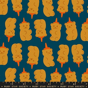 a repeating pattern of yellow gummy bears on a dark blue background.