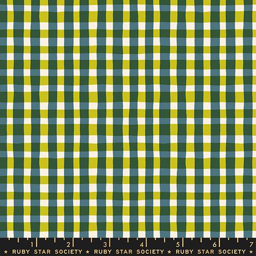 The image is a fabric with a checkered pattern in shades of green and yellow.