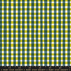 The image is a fabric with a checkered pattern in shades of green and yellow.