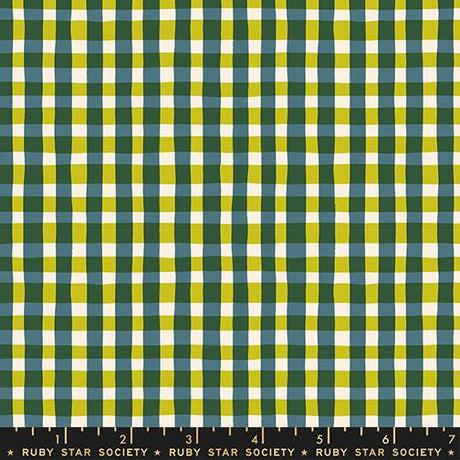 The image is a fabric with a checkered pattern in shades of green and yellow.