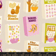 a collection of colorful cereal boxes with various cartoon characters and text, including "Honey Homies", "Banana Buddies", "Fruity Frenz", "Peanut Butter Pals", "Strawberry Besties", and "Fiber Frenemies".