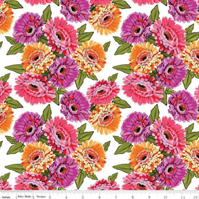 Zinnias Main White Yardage CD16690-White by Lila Tueller Sold in 1/2 yard increments cut continuously