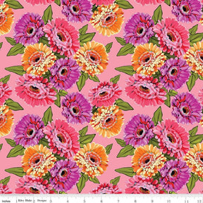 Zinnias Main Pink Yardage CD16690-Pink by Lila Tueller Sold in 1/2 yard increments cut continuously