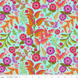 The image is a vibrant and colorful pattern featuring various flowers, leaves, and other natural elements in shades of pink, orange, green, and purple. The pattern is arranged in a repeating design, creating a visually appealing and lively composition.